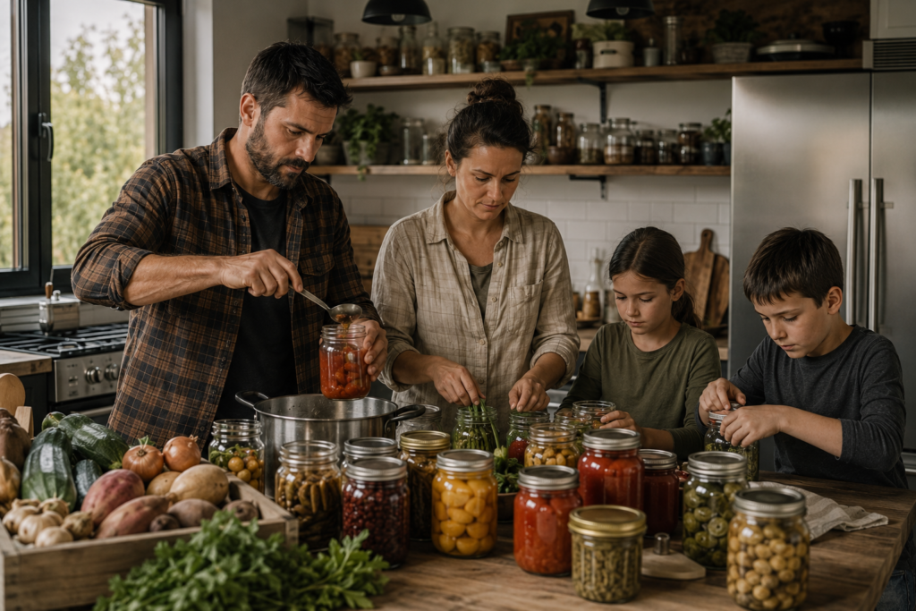 Famille organisant des réserves alimentaires à domicile.