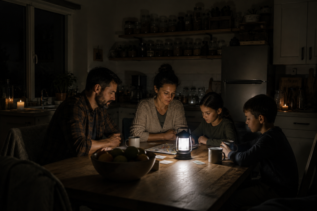 Famille faisant face à une panne d'électricité grâce à une préparation simple.